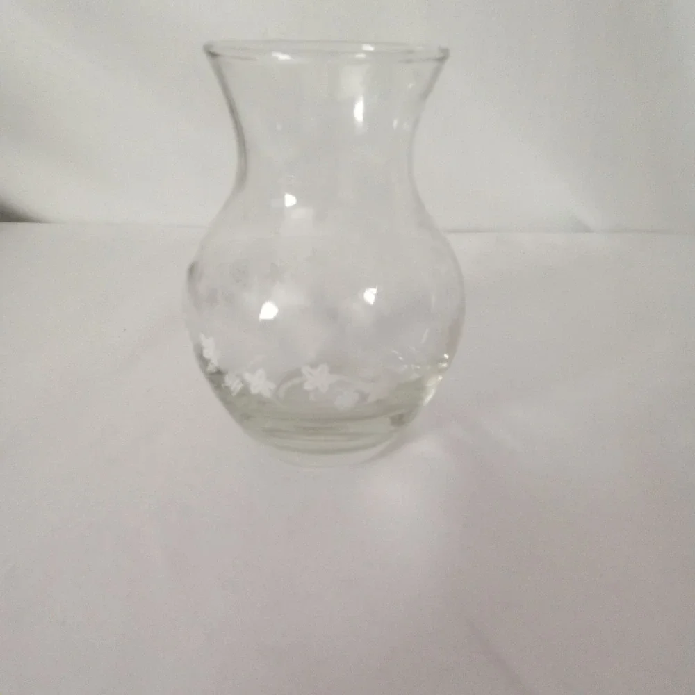 Clear Etched Glass Bud Vase Grape Vine Pattern Small Bulbous Flower Vase 4.5in